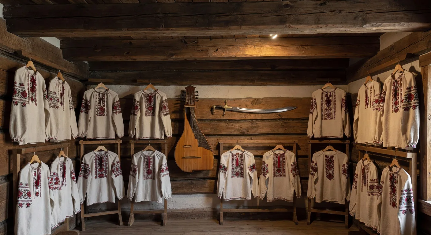 Musee cosaque ukrainien avec vyshyvanky, sabre et bandura