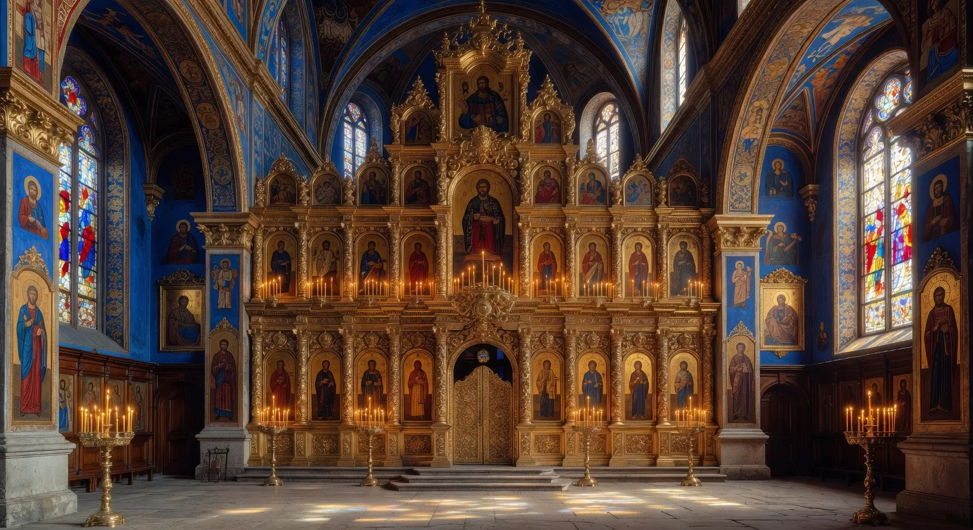 Interieur d'une eglise baroque ukrainienne avec iconostase doree et icones byzantines