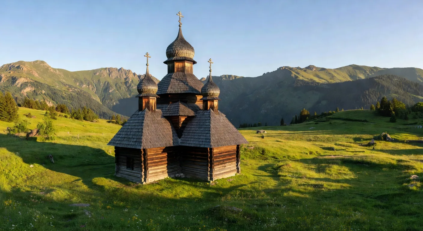 Tserkva en bois houtsoule des Carpates ukrainiennes avec trois tours superposees