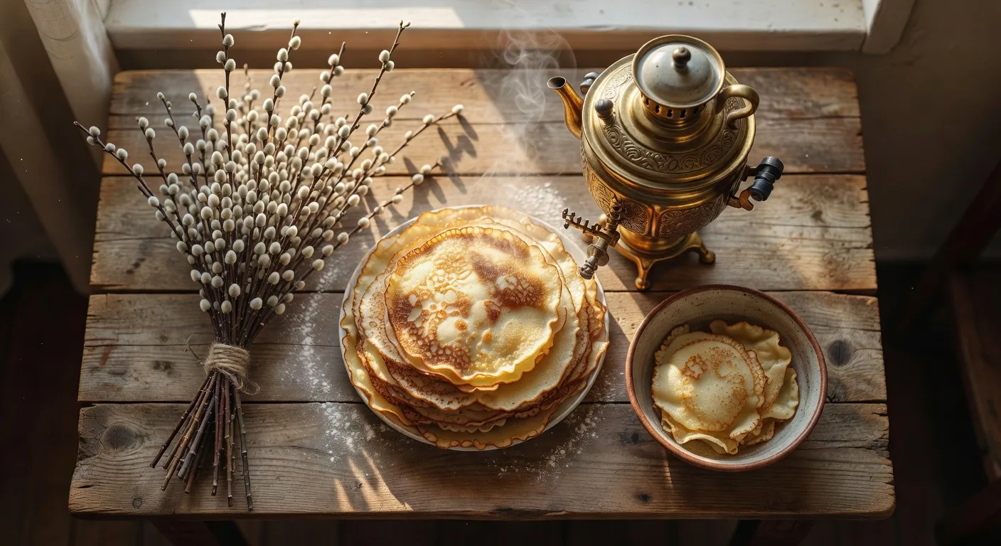 Mlyntsi ukrainiens (pancakes) avec samovar et bouquet de saule pour Maslyana