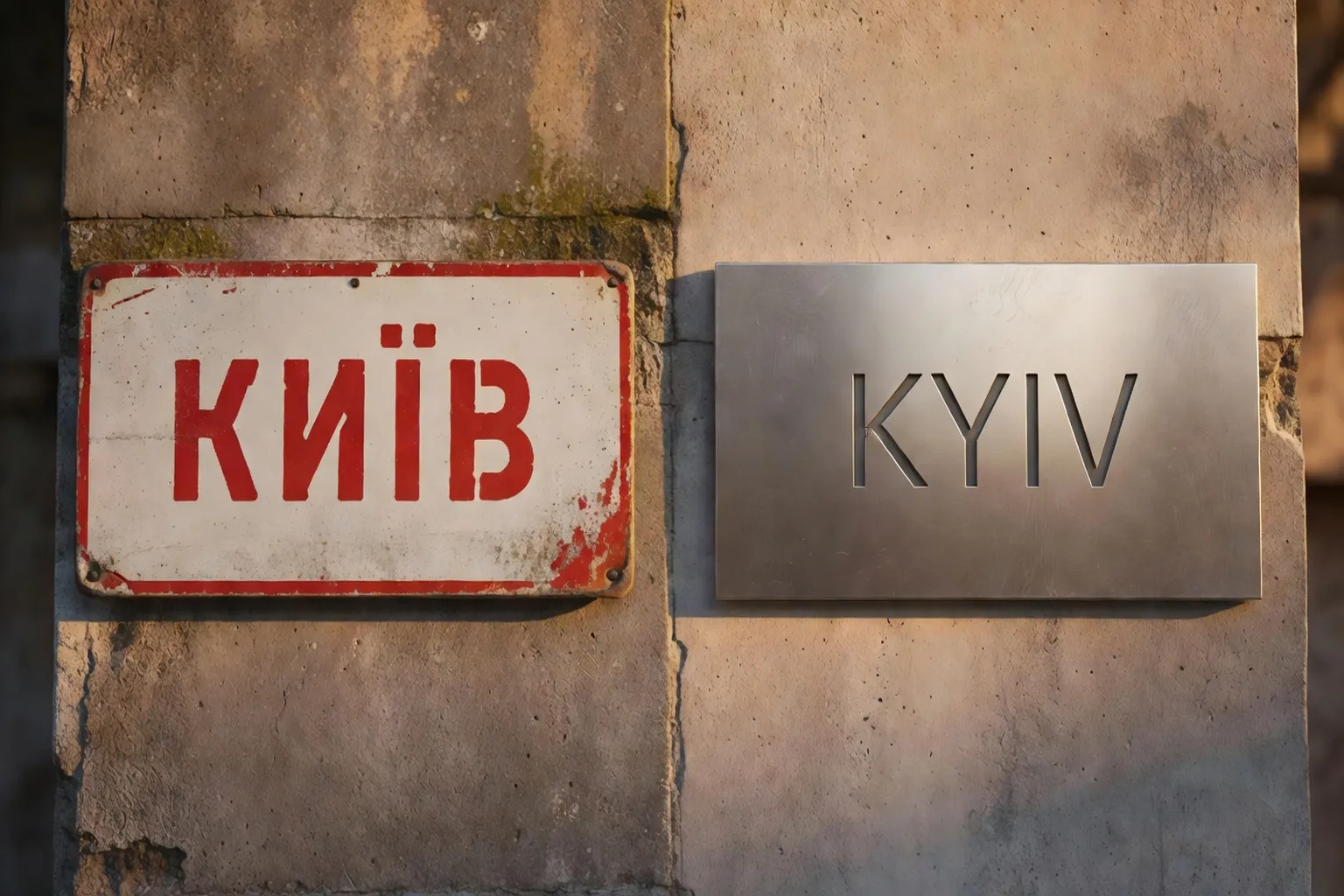 Comparaison visuelle du nom d'une ville ukrainienne \u00e9crit en cyrillique et en caract\u00e8res latins