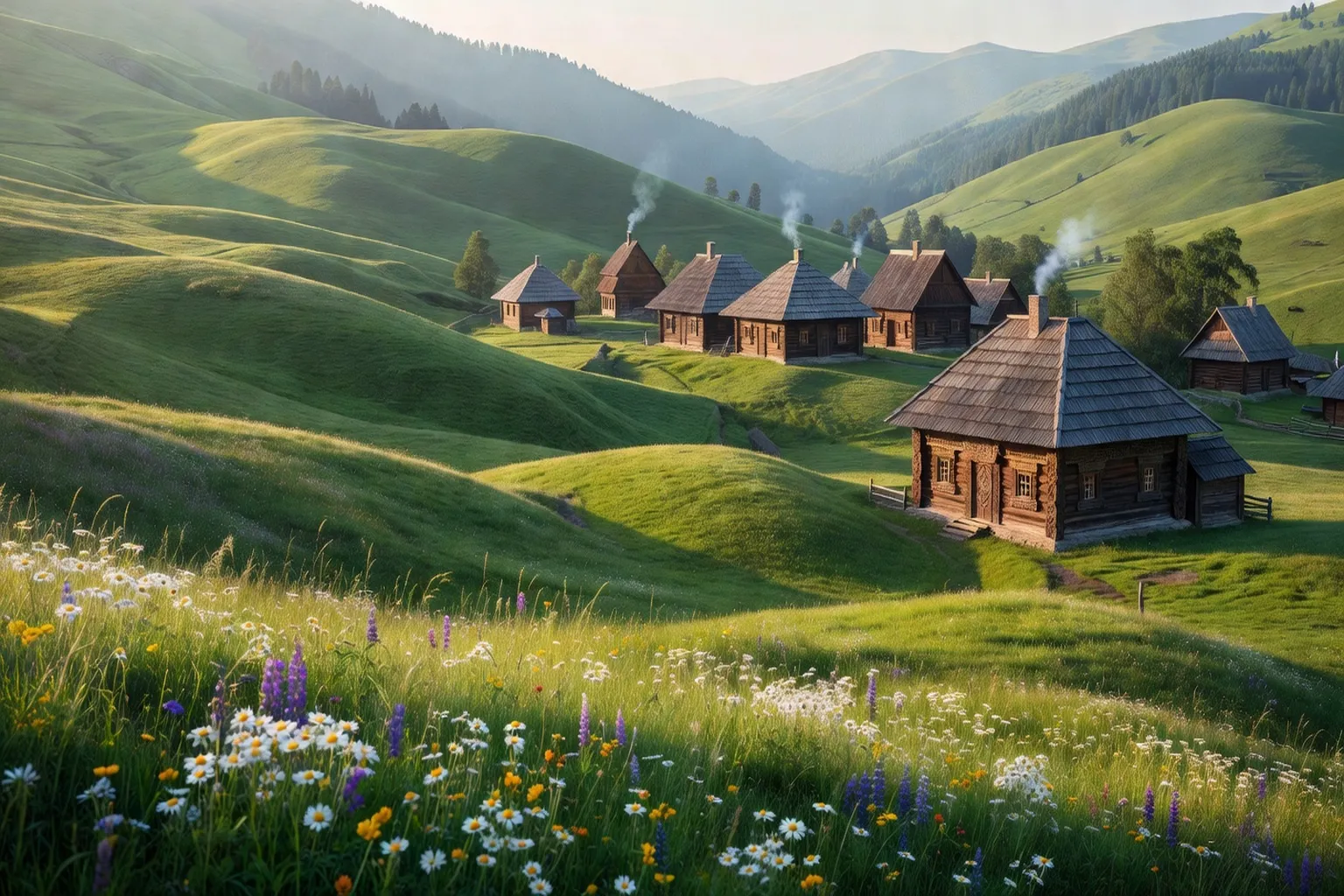 Paysage des Carpates ukrainiennes avec collines verdoyantes et village traditionnel au loin