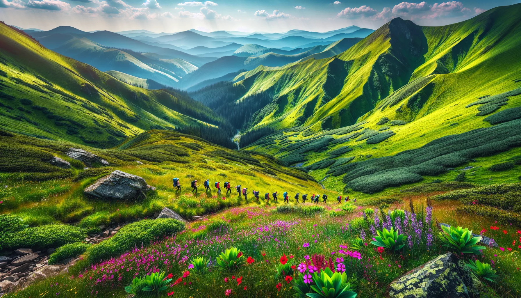 Sentier de randonn&eacute;e dans les Carpates ukrainiennes avec vue sur les cr&ecirc;tes montagneuses