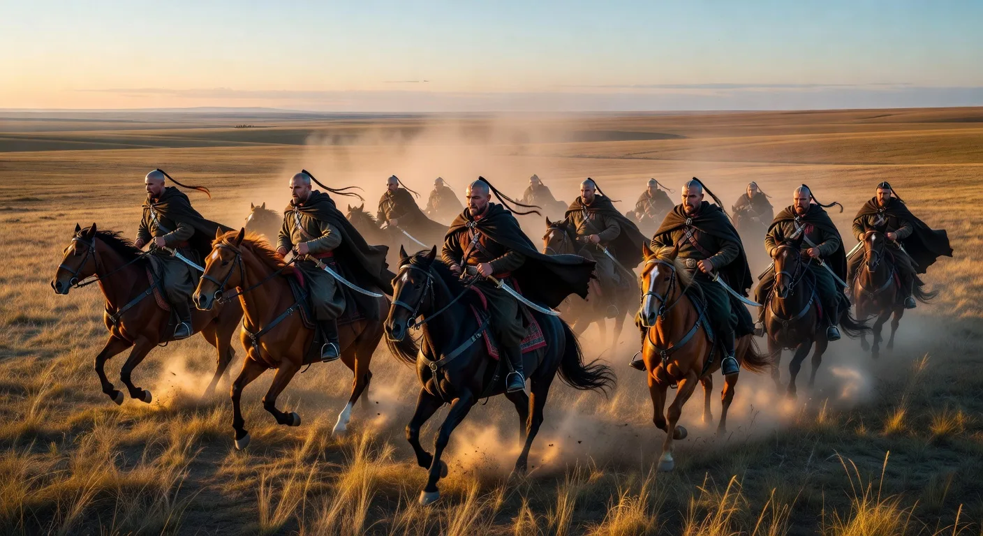Cosaques zaporogues a cheval dans la steppe ukrainienne au lever du jour