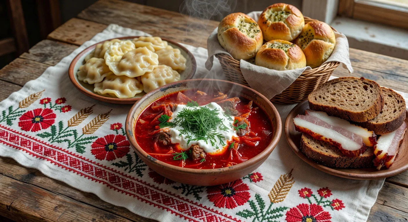 Table ukrainienne traditionnelle avec borshch, varenyky et pain noir