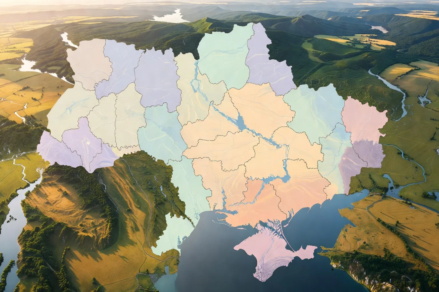 Carte stylis&eacute;e de l'Ukraine avec ses 24 oblasts color&eacute;s