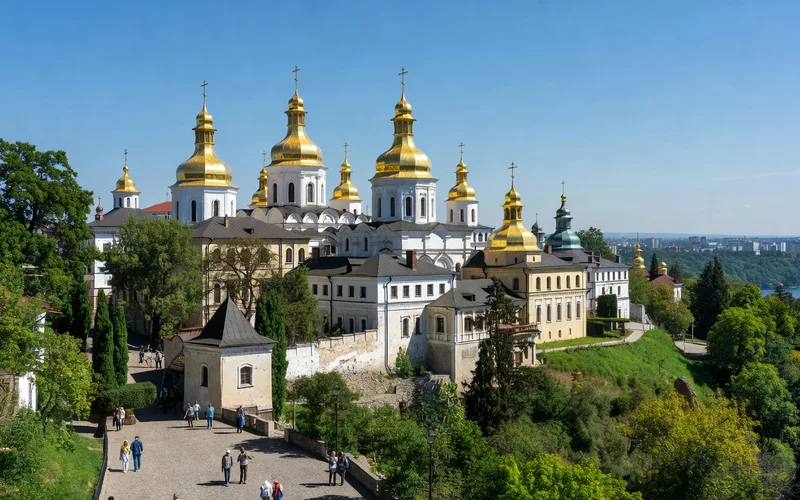 Kiev Pechersk Lavra monastery golden domes blue sky panoramic view