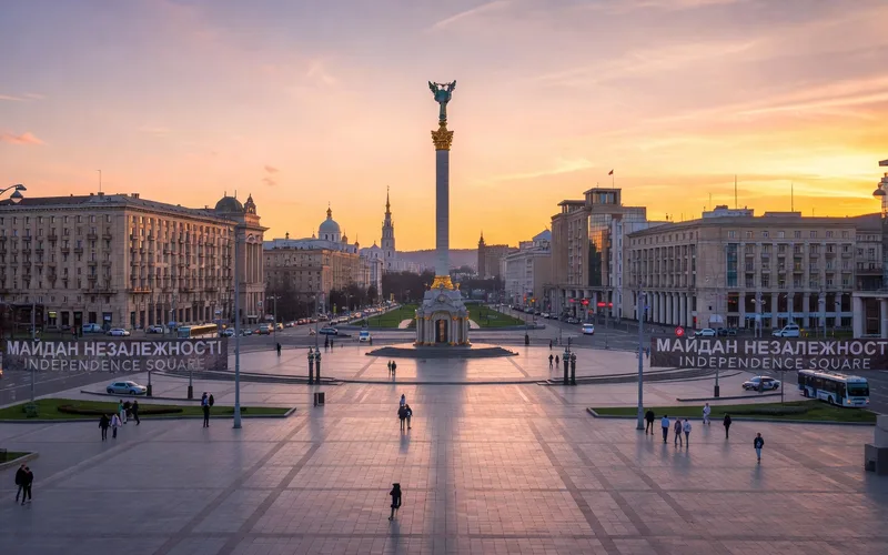Maidan Nezalezhnosti Independence Square Kiev at sunset
