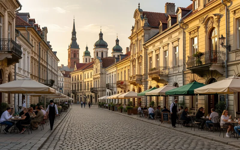Lviv old town cobblestone street with cafe terraces