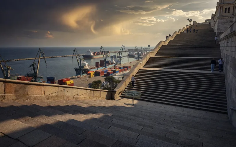 Famous Potemkin Stairs in Odessa Ukraine leading to the sea port