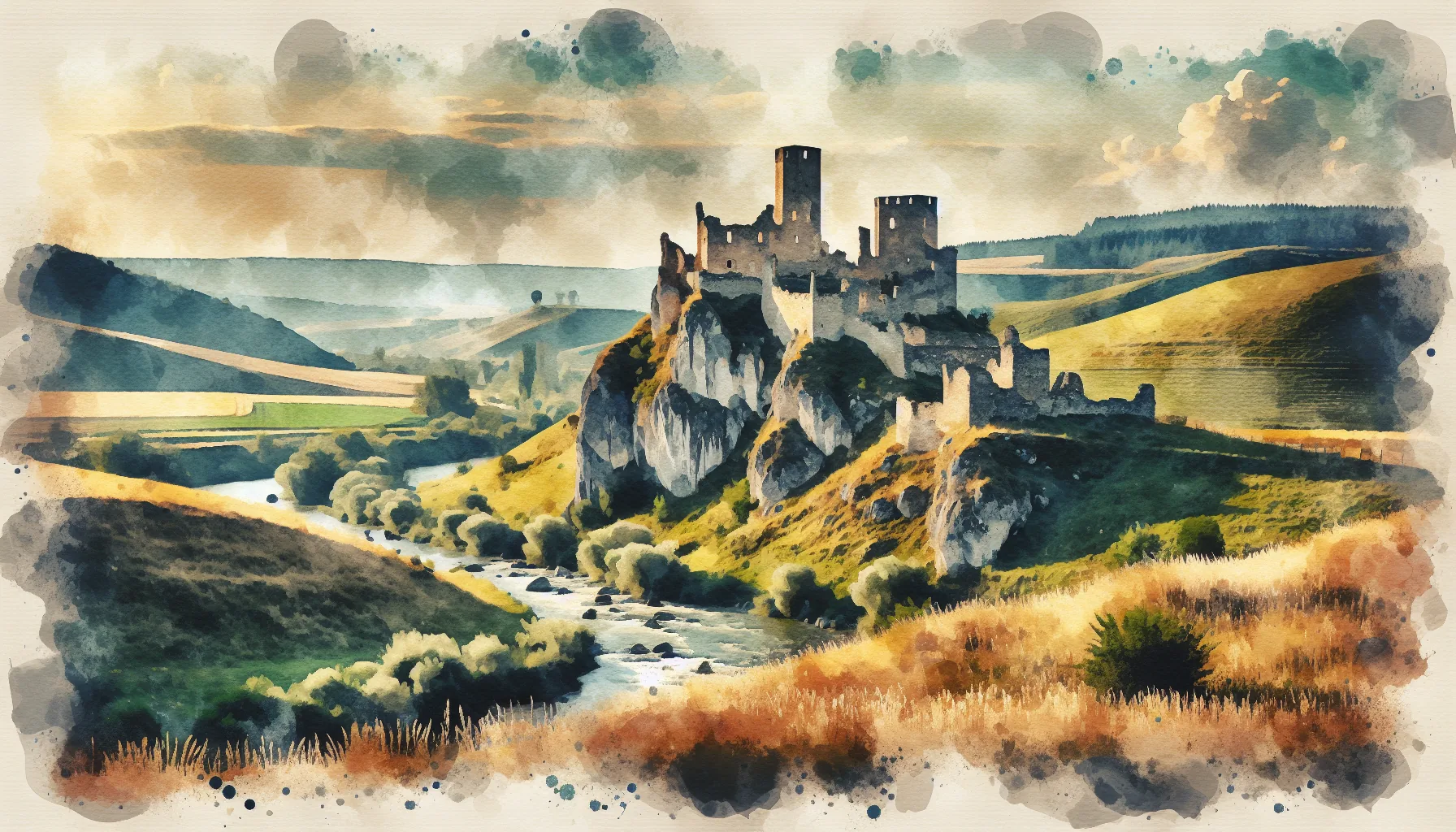 Ruines d'un ch&acirc;teau m&eacute;di&eacute;val sur une falaise au-dessus d'une vall&eacute;e de Podolia, r&eacute;gion de Ternopil