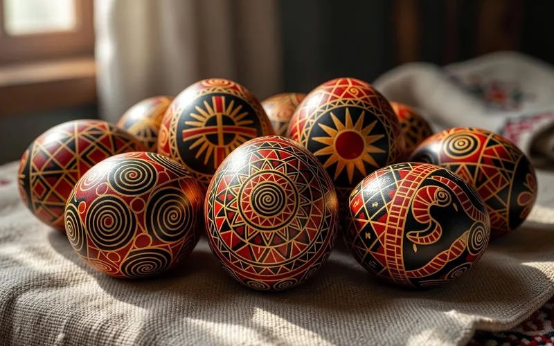 Pysanky color&eacute;es d&eacute;cor&eacute;es de motifs g&eacute;om&eacute;triques traditionnels ukrainiens